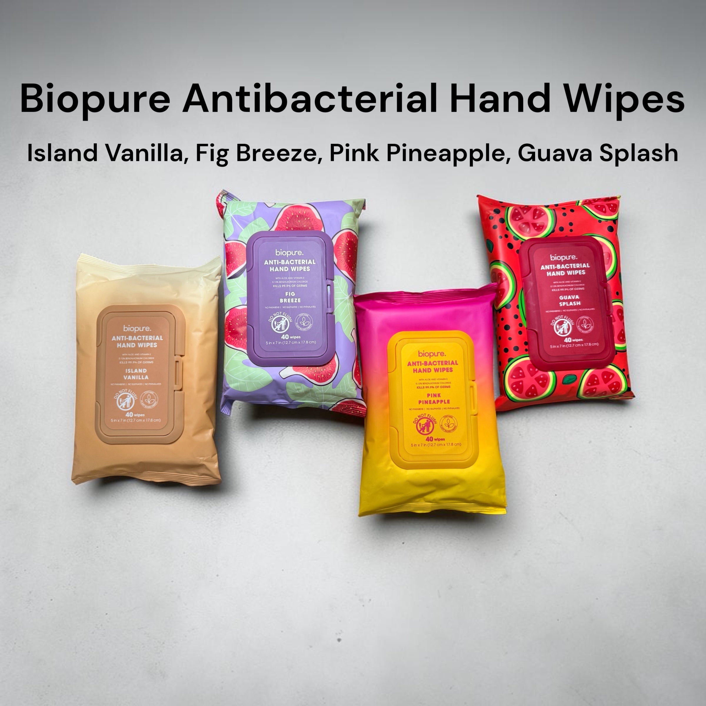 Biopure Antibacterial Hand Wipes - Island Vanilla, Fig Breeze, Pink Pineapple and Guava Splash