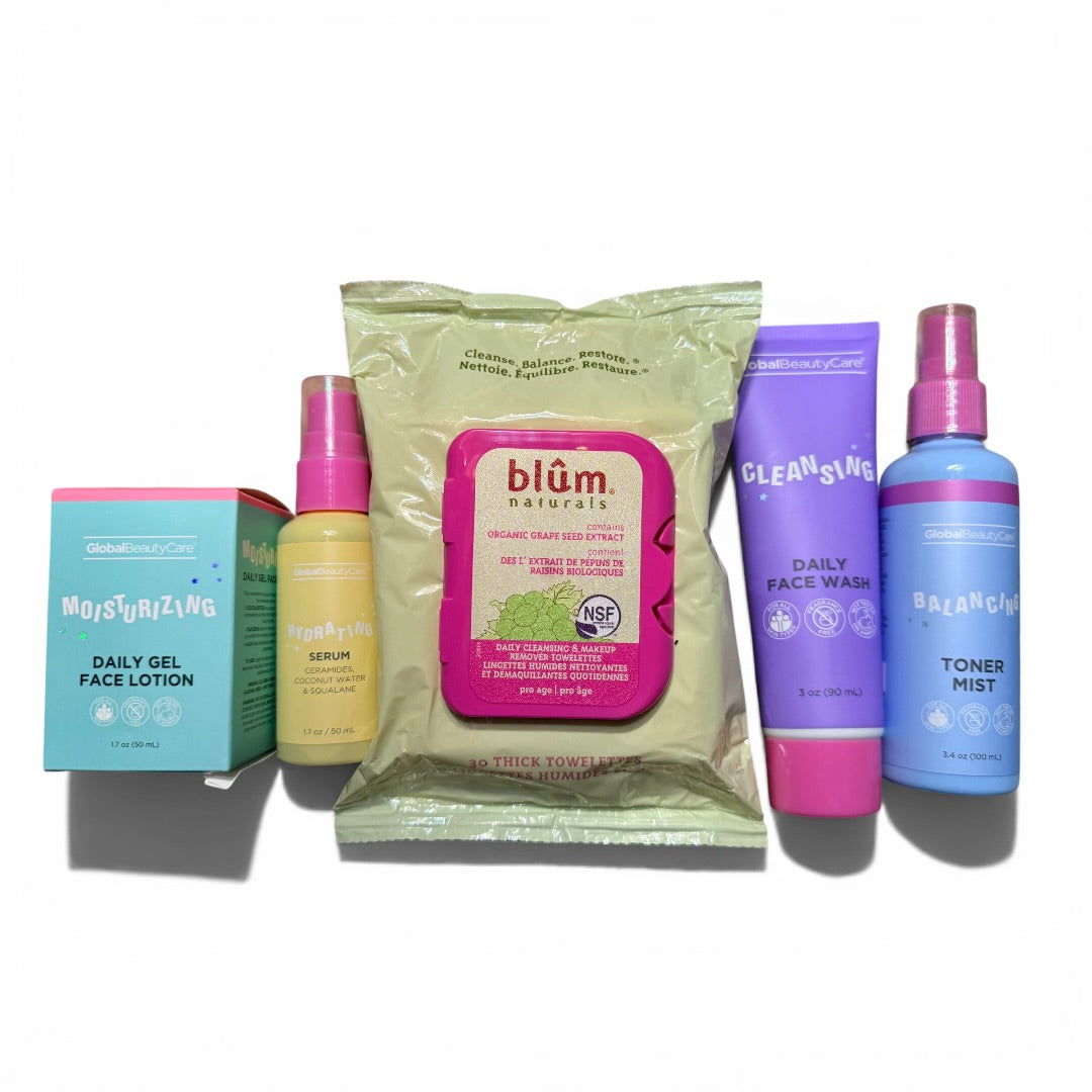 Global Beauty Care Facial Cleansing Set and Blum Natural Daily Cleansing and Makeup Removal Towelettes