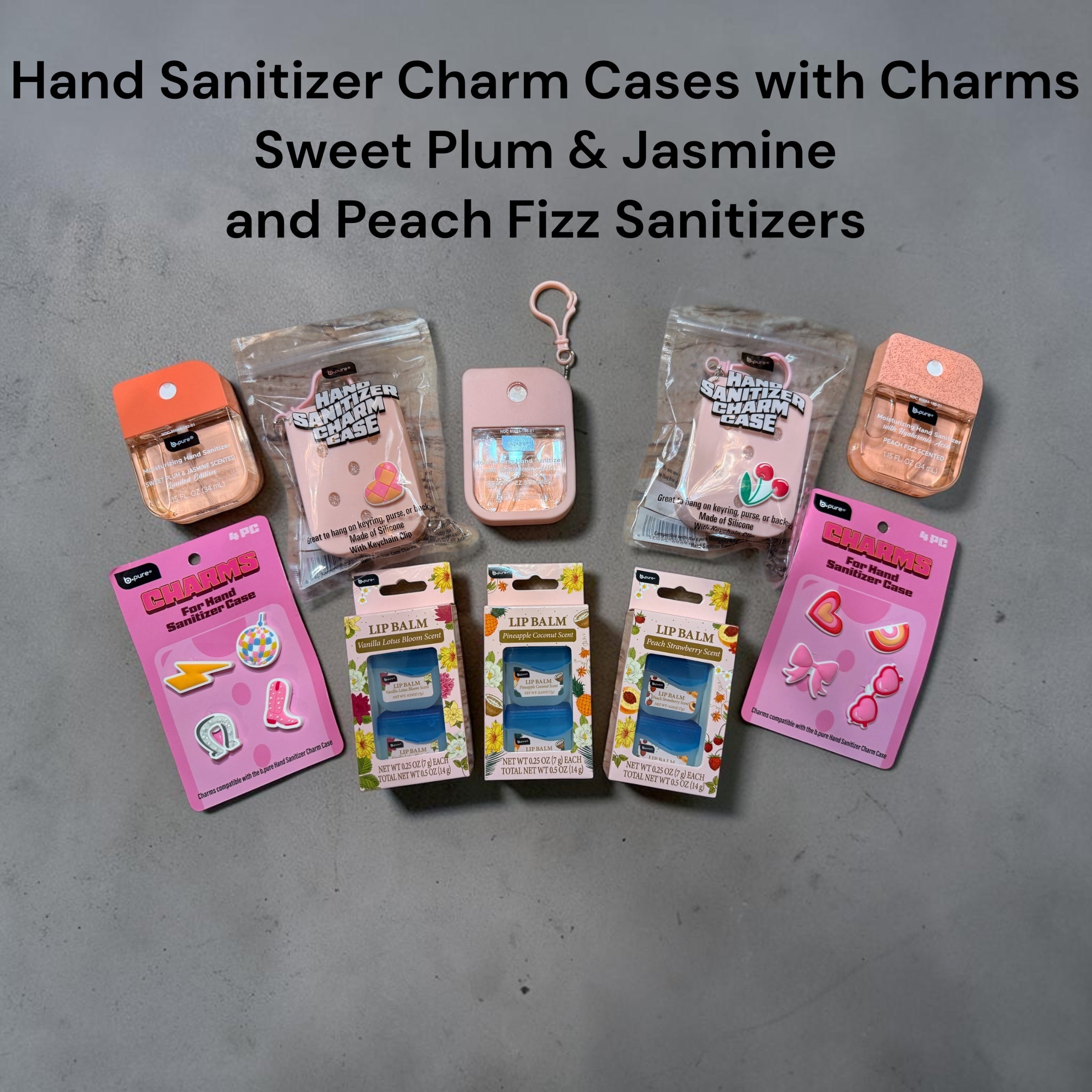 Hand Sanitizer Charm Cases with Charms - Sweet Plum and Jasmine and Peach Fizz scents