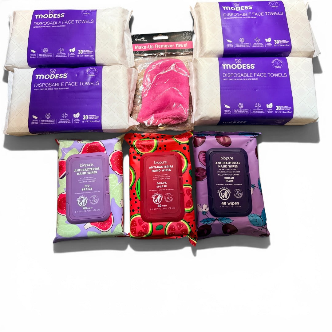 Modess Disposable Face Towels, Biopure Antibacterial Hand Wipes and Makeup Remover Towel