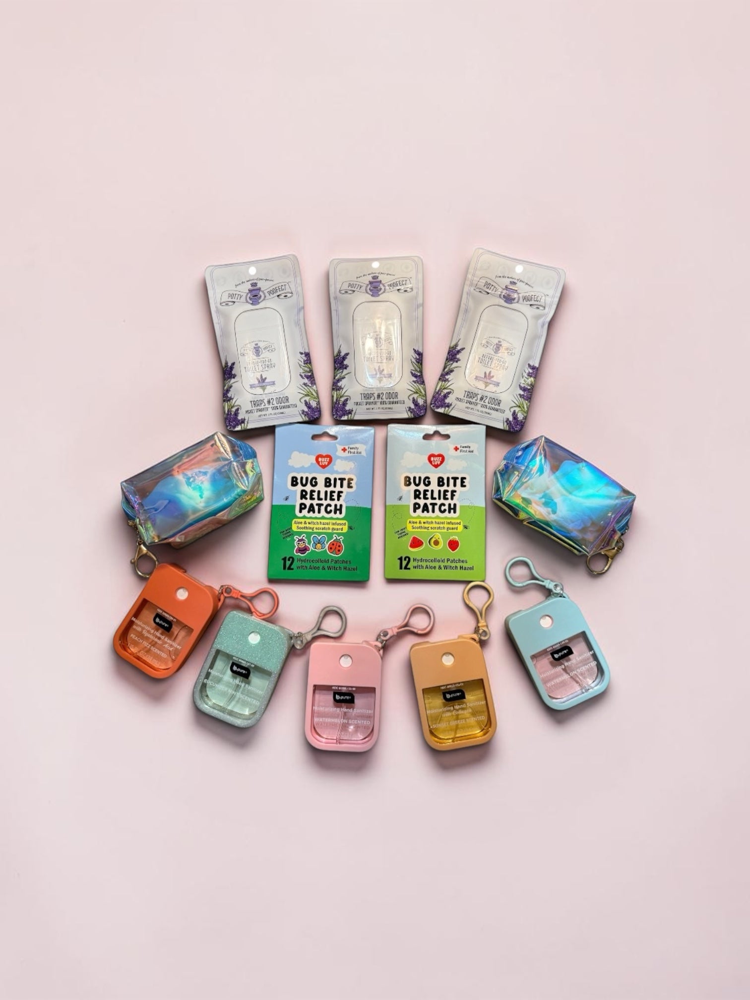 Toilet Spray, Bug Bite relief Patches, Travel Zipper Pouches and Sanitizers with cases